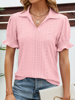 Casual Short Sleeve Shawl Collar Plain Loose Regular Blouse