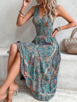 Vacation Sleeveless V Neck Cashew Flowers Maxi Dress