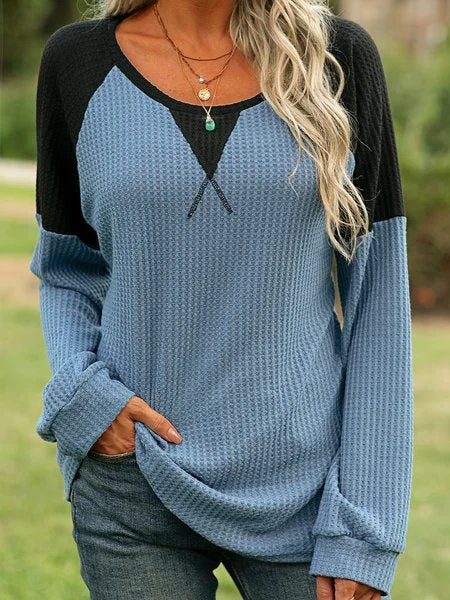 Loose Long Sleeve V Neck Color Block Casual Regular Blouse