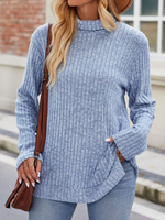 Casual Long Sleeve Turtleneck Plain Loose Regular Blouse