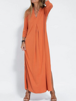Casual Long Sleeve V Neck Plain Loose Maxi Dress