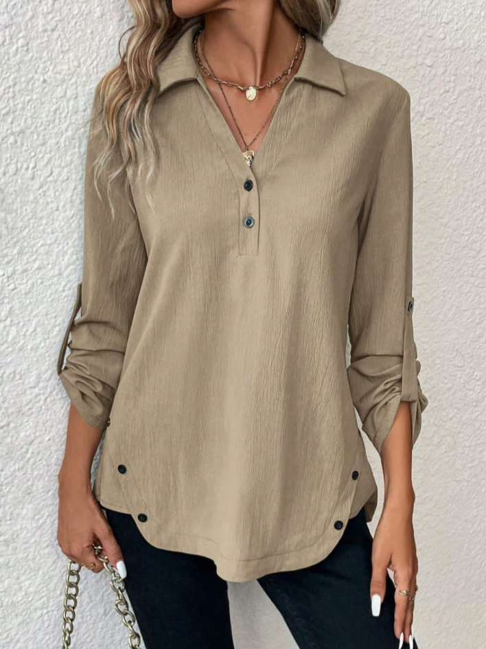 Casual Long Sleeve Notched Plain Loose Mid-Long Blouse