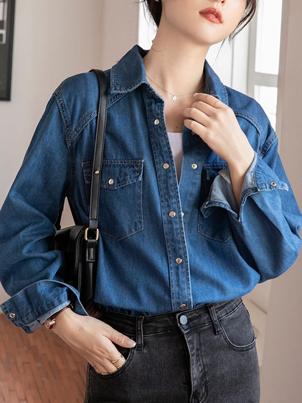 Loose Long Sleeve Shirt Collar Plain Casual Regular Blouse
