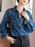 Loose Long Sleeve Shirt Collar Plain Casual Regular Blouse