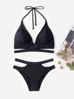 Wholesale Black Halter Sleeveless Plain Hollow Bikini Set