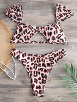 Wholesale Square Neck Short Sleeve Leopard Hollow Two Piece Bikinis