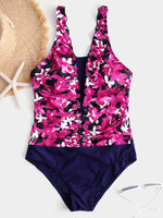 Wholesale Fuchsia V-Neck Floral Print One-Pieces Swimwears