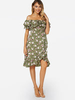Wholesale Green Off The Shoulder Sleeveless Floral Print Flounced Hem Dresses