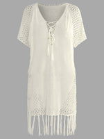 Wholesale White V-Neck Tassel Hollow Lace-Up Beachwear