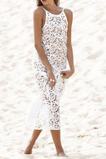Wholesale White Round Neck Sleeveless Lace Backless Hollow See Through Maxi Dresses