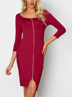 Wholesale Burgundy Square Neck 3/4 Length Sleeve Plain Zip Back Slit Hem Sexy Dress