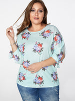 Wholesale Scoop Neck Floral Print Slit 3/4 Sleeve Green Plus Size Tops