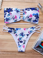 Wholesale White Strapless Sleeveless Floral Print Cut Out Bikinis