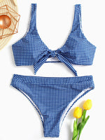 Wholesale Blue V-Neck Tie-Up High-Waisted Two Piece Bikinis