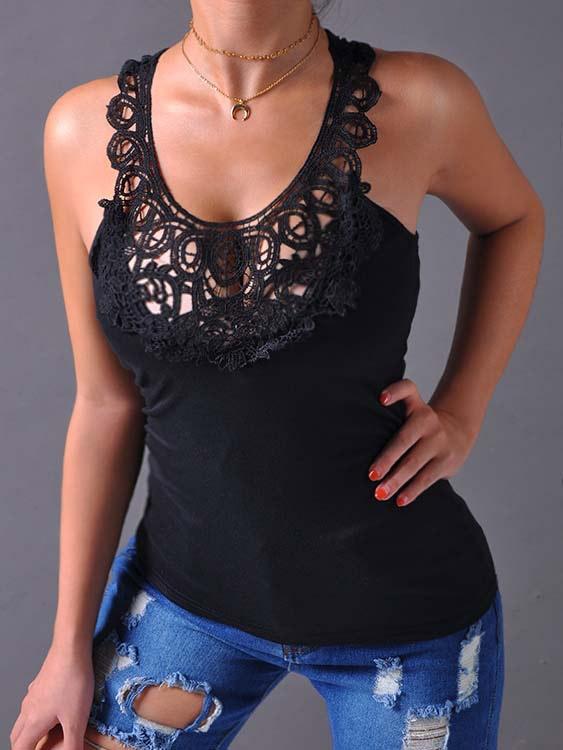 Wholesale Crew Neck Halter Cold Shoulder Lace Lace-Up Cut Out Sleeveless Bodycon Hem Black Tank Top