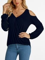 Wholesale V-Neck Cold Shoulder Plain Crossed Front Cut Out Pleated Long Sleeve T-Shirts