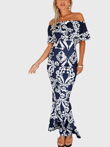 Wholesale Blue Off The Shoulder Short Sleeve Printed Bodycon Hem Dresses
