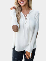 Wholesale V-Neck Lace-Up Long Sleeve White T-Shirts