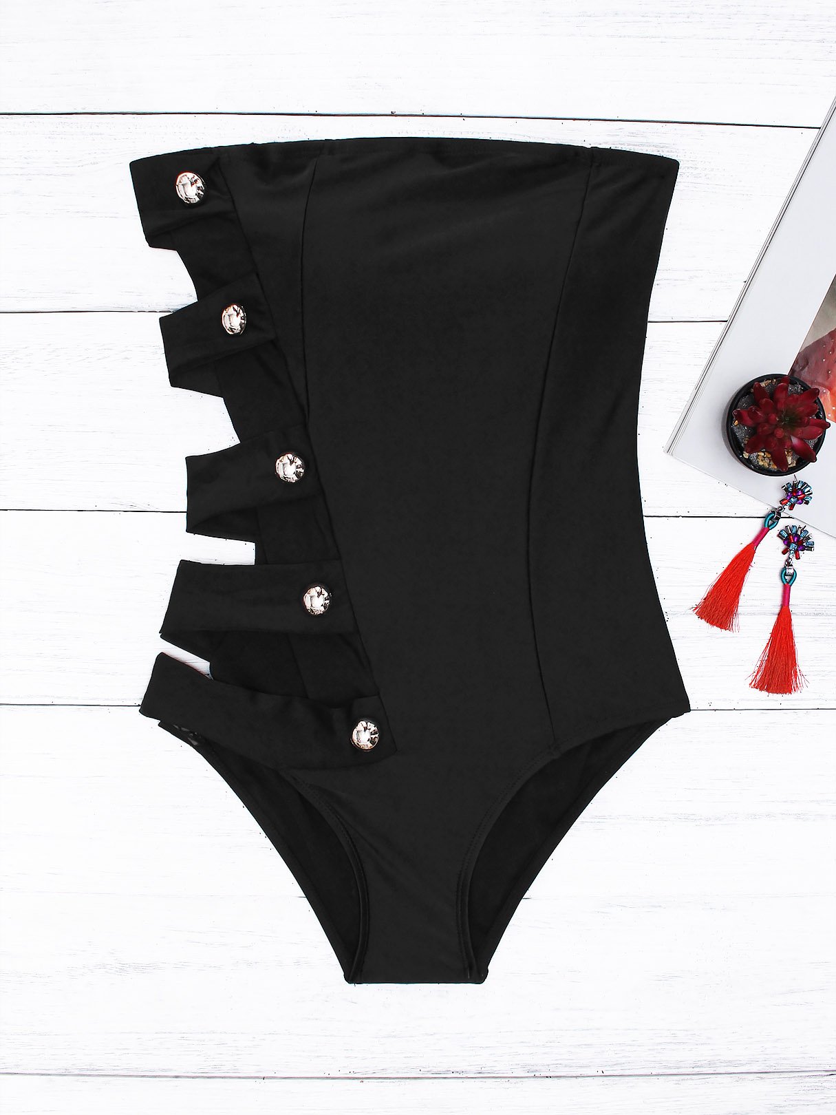 Wholesale Black Tube Top Sleeveless Plain Backless Cut Out One-Piece Swimsuit