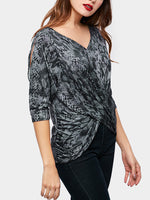 Wholesale Cold Shoulder Snake Crossed Front Half Sleeve Slit Hem Black T-Shirts