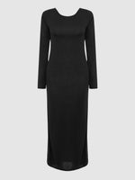 Wholesale Black Round Neck Long Sleeve Plain Backless Slit Hem Midi Dress