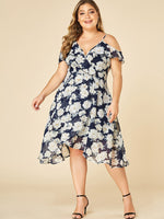 Wholesale Cold Shoulder Floral Print Ruffle Trim Short Sleeve Flounced Hem Plus Size Dress