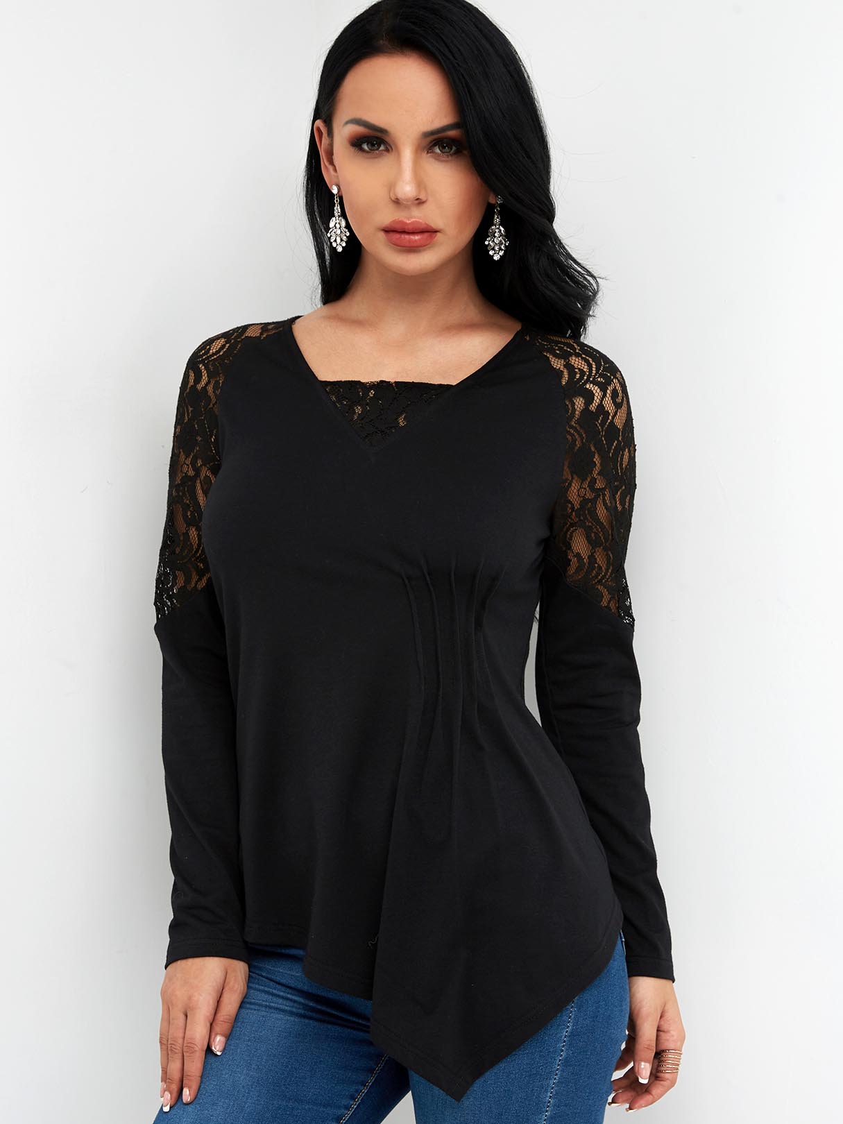 Wholesale V-Neck Lace Long Sleeve Irregular Hem Black T-Shirts
