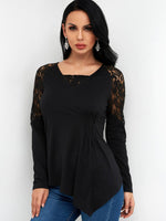 Wholesale V-Neck Lace Long Sleeve Irregular Hem Black T-Shirts