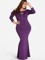 Wholesale Off The Shoulder Plain Zip Back Cut Out Ruffle Trim Long Sleeve Plus Size Dress