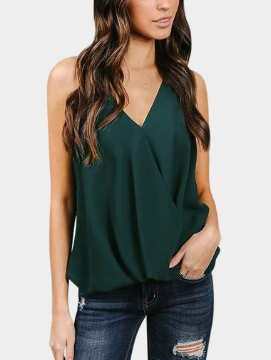 Wholesale Halter V-Neck Crossed Front Backless Pleated Sleeveless Green Camis