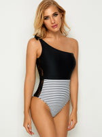 Wholesale Black & White One Shoulder Sleeveless Stripe Lace One-Pieces