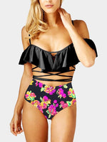 Wholesale Black Cold Shoulder Sleeveless Floral Print Bodycon Bikinis