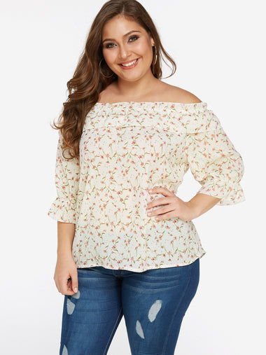 Wholesale Off The Shoulder Floral Print Calico Backless 3/4 Sleeve White Plus Size Tops