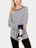 Wholesale Round Neck Stripe Lace-Up Long Sleeve Curved Hem T-Shirts