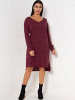 Wholesale Red V-Neck Long Sleeve Slit Hem Dresses