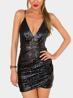 Wholesale Black V-Neck Sleeveless Zip Back Lace-Up Sequins Embellished Irregular Hem Dresses