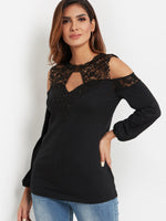 Wholesale Crew Neck Cold Shoulder Plain Lace Cut Out Long Sleeve Black T-Shirts