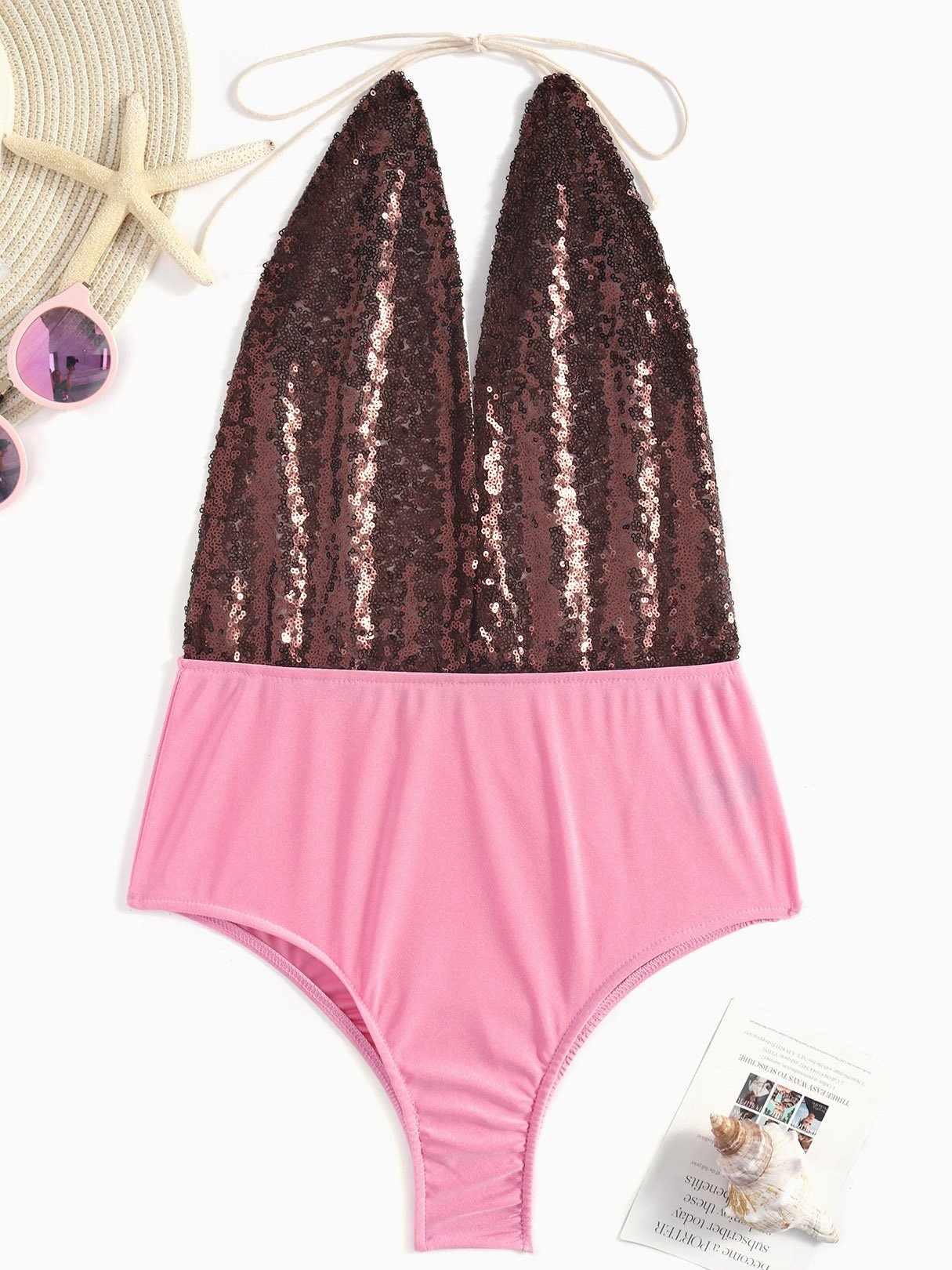 Wholesale Pink V-Neck Sleeveless Sequins Embellished One-Pieces