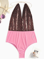 Wholesale Pink V-Neck Sleeveless Sequins Embellished One-Pieces