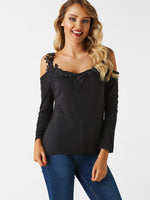Wholesale Cold Shoulder Plain Lace Long Sleeve Black T-Shirts