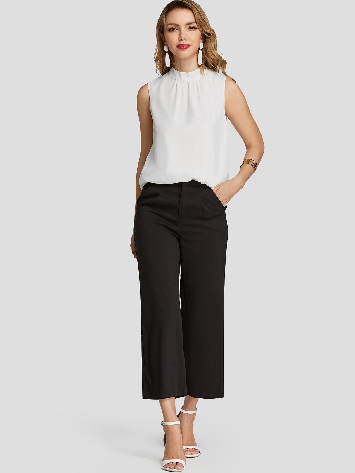Wholesale Round Neck Plain Pleated Sleeveless White Tank Top