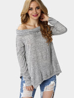 Wholesale Grey Bateau Off The Shoulder Long Sleeve Irregular Hem T-Shirts