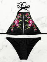 Wholesale Black Halter Sleeveless Floral Print Bikinis
