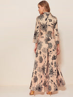 Mock-Neck Self Belted Wide Leg Pleated Floral Jumpsuit