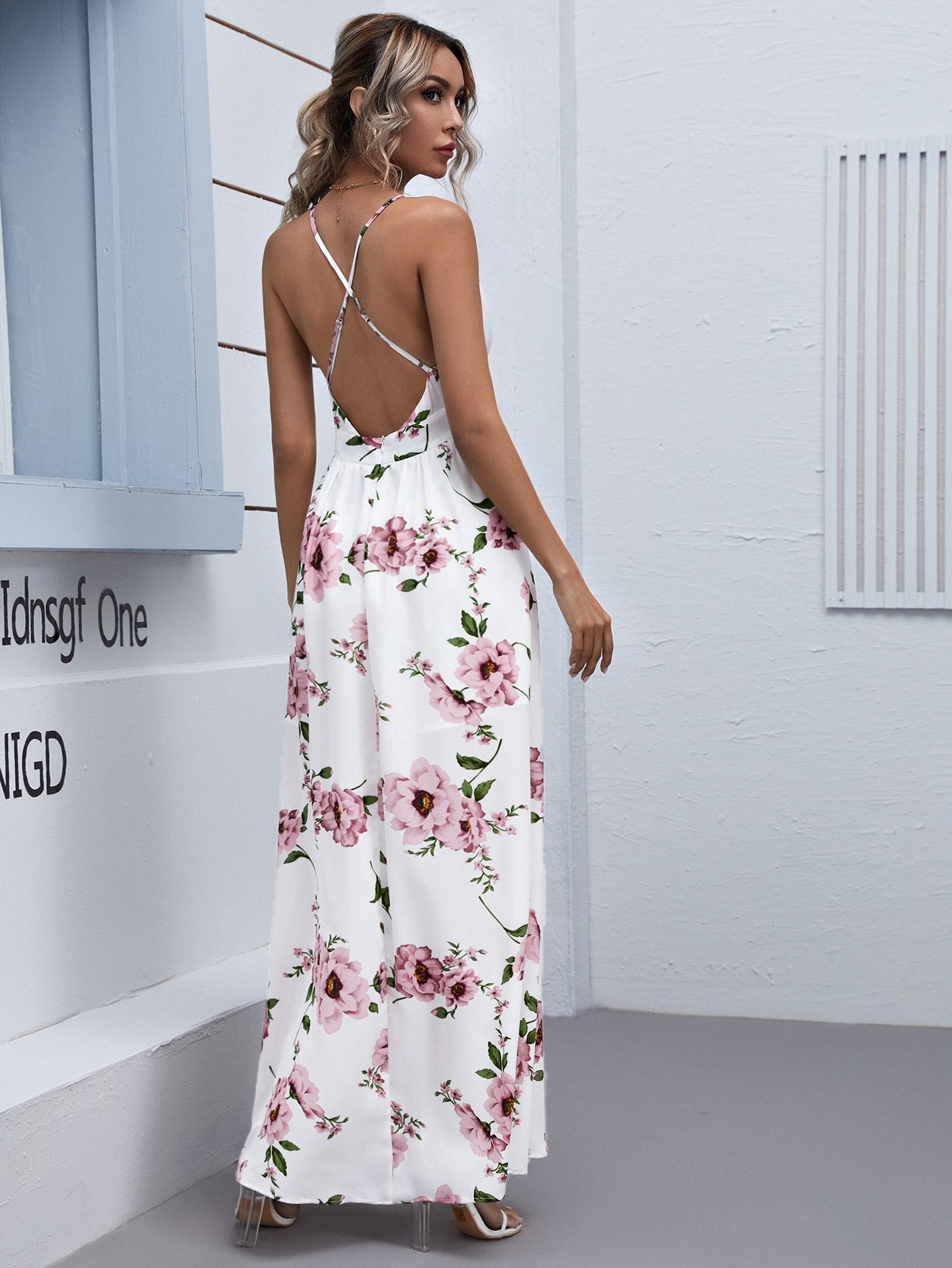 Plunging Neck Crisscross Backless Floral Maxi Dress