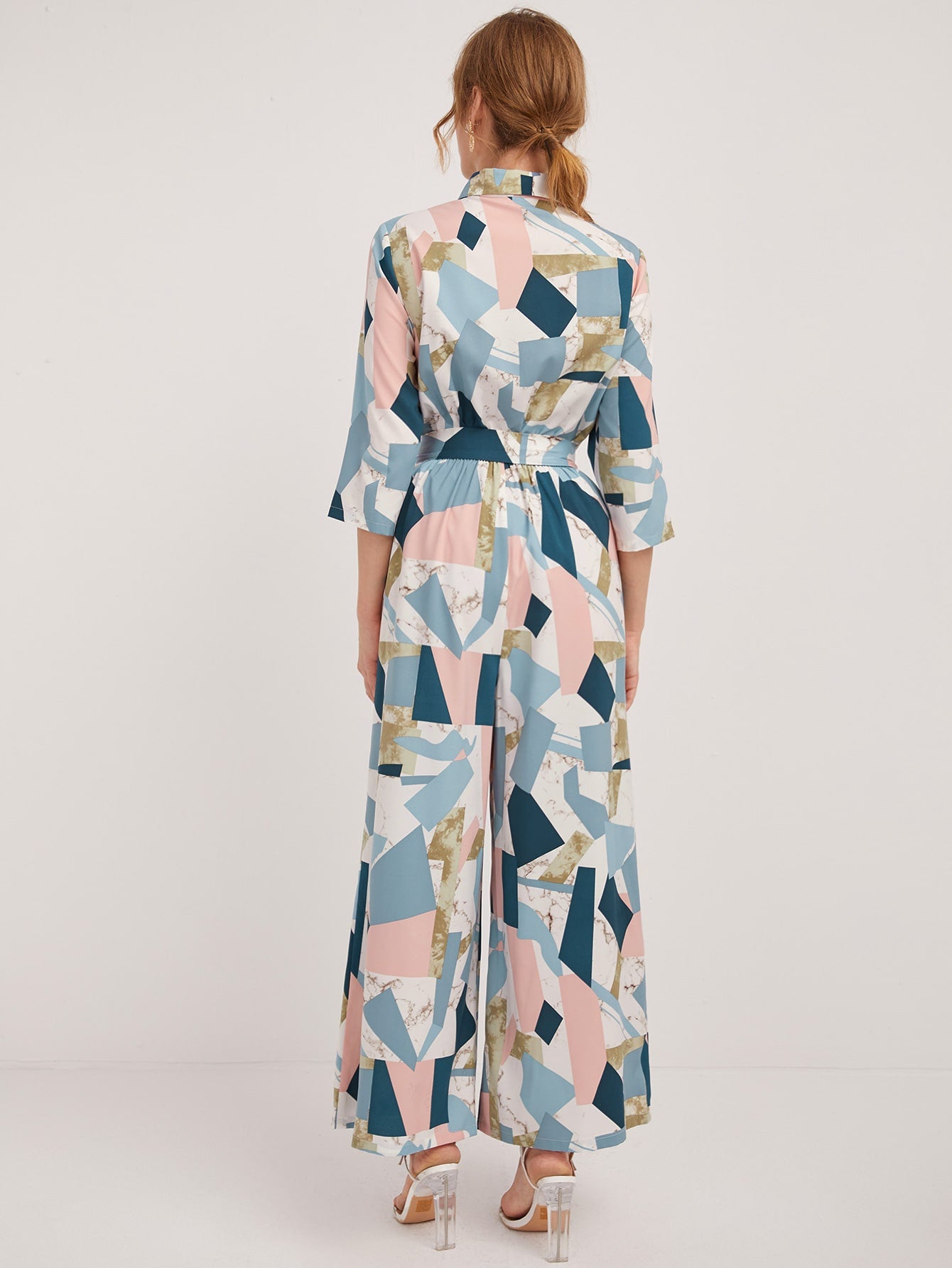 Geo Print Button Half Placket Belted Jumpsuit