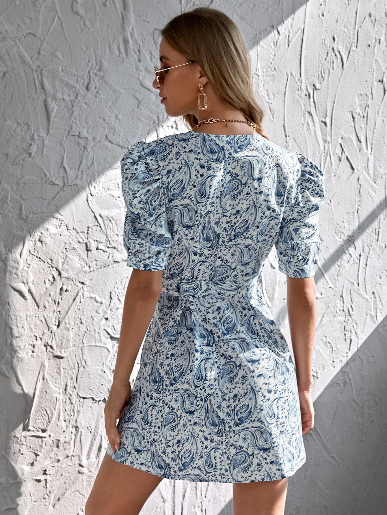 Surplice Neck Belted Puff Sleeve Paisley Dress