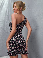One Shoulder Drawstring Ruched Ruffle Hem Floral Dress