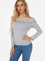 Wholesale Off The Shoulder Plain Lace Long Sleeve Grey T-Shirts
