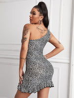 One Shoulder Drawstring Ruffle Hem Leopard Dress